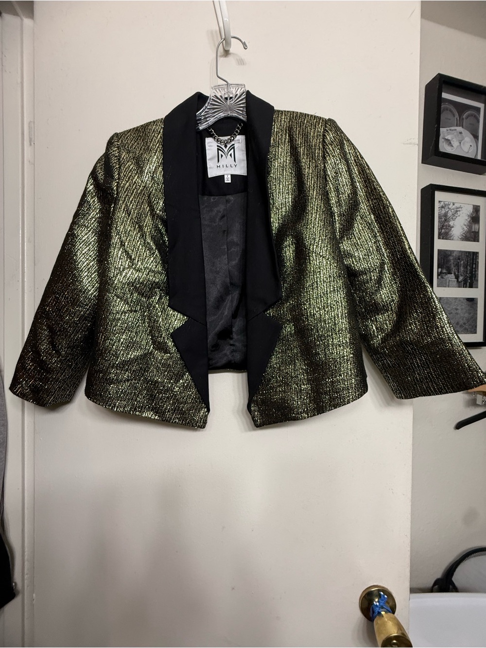 MILLY Gold Metallic Cropped Open Front Jacket Blazer | Size 2